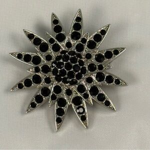 Starburst Silver Tone Black Stones Brooch Pin